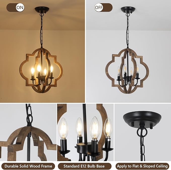 Farmhouse Chandelier Light Fixtures, 4-Light Dining Room Light Fixtures Over Table, Solid Wood Chandeliers for Dining Room, 15.7“ Brown Rustic Chandeliers for Living Room Kitchen Island Bedroom Foyer