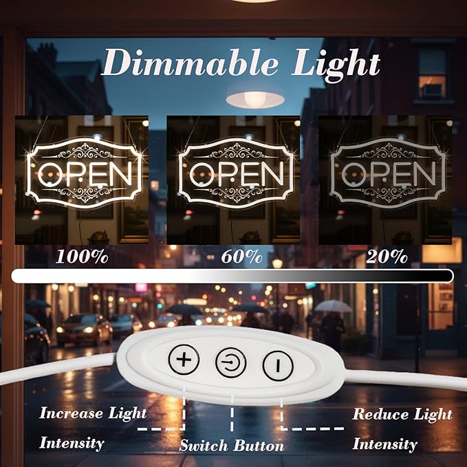 Open Sign for Business, LED Dimmable Neon Open Sign with 12V/2A Adapter, 16.5" x 10.5", Warm White, Bright LED Visibility to Light Up Window, Wall, Bar, Coffee, Salon and Store