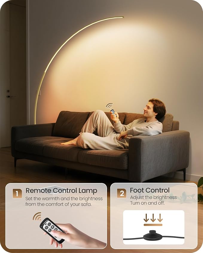75 inch Dimmable LED Arc Floor Lamp for Living Room with Foot and Remote Control, 3 Color Temperatures, 3000K-6000K Whites, Stepless Dimming,Gold D62LD05