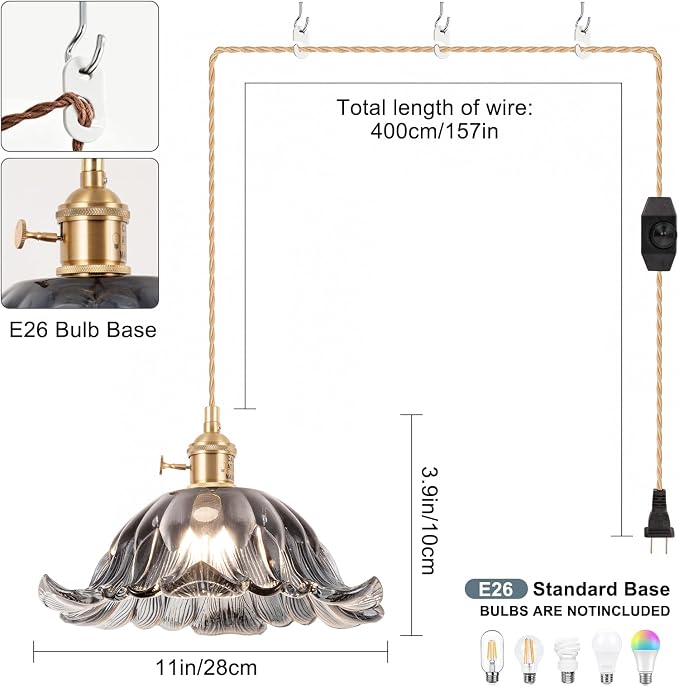 Plug in Pendant Light Fixtures,Hanging Light Fixture Corded On/Off Switch,11 inch E26 Gray Blue Glass Lampshade Pendant Lighting for Kitchen Island, Bedroom, Dining Room