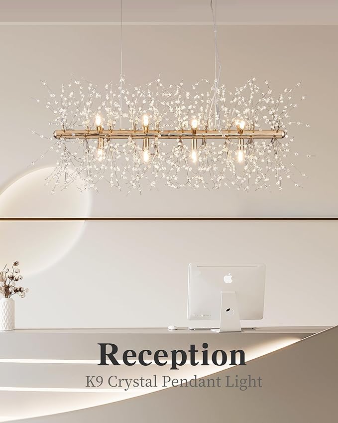 Modern 35.4" Modern Gold Crystal Firework Chandelier, 12-Light Pendant Light Fixture, Rectangle Linear Sputnik Dandelion Chandeliers for Dining Room Kitchen Living Room