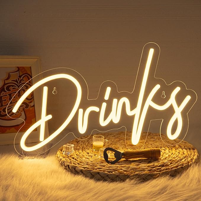 Looklight Drinks Neon Sign,Letters Bar Neon Light,Led Neon Signs for Wall Decor,Warm White Neon Light Sign,USB Light Up Sign for Kitchen Restaurant Bar Cart Accessories Christmas