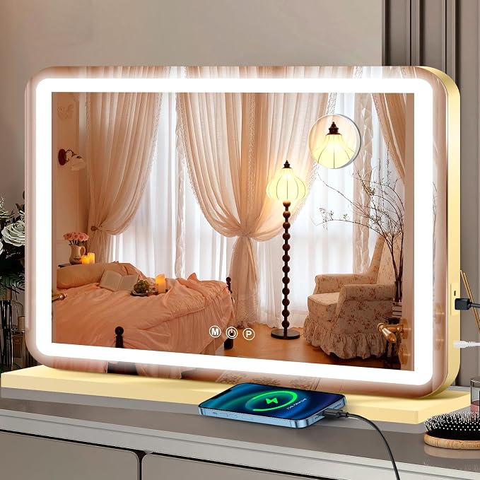 Ratsamee Gold 26" x 20" Vanity Mirror with Lights, Led Makeup Mirror, Lighted Makeup Mirror with 3 Color Dimmable Lights, Smart Touch Screen Control, Aluminum Metal Frame,USB Charging Port
