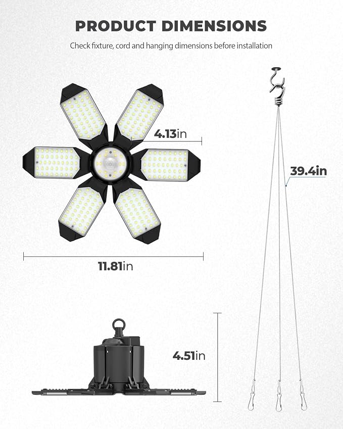 Motion Sensor Garage Lights with Remote, 20000LM Plug-in Shop Lights | 1/3/5-Min Auto-Off, Linkable Design, 6 Deformable LED Panels, Ultra Bright 6500K Wide-Angle Lighting for Garages, Workshops