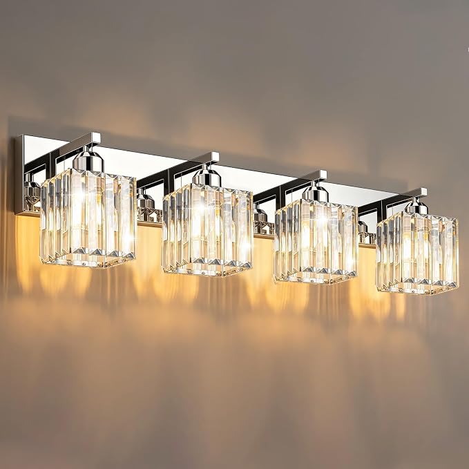 Brushed Chrome Crystal Bathroom Vanity Light, 4-Light Modern Bathroom Lighting Fixtures Over Mirror,Chrome Wall Sconce Light Fixtures with Square Shade
