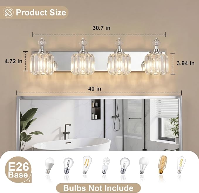 Chrome Light Fixtures, 4 Light Bathroom Vanity Light with 42pcs Crystal Sheet, 30in Modern Vanity Light, Bathroom Lighting Fixtures Over Mirror