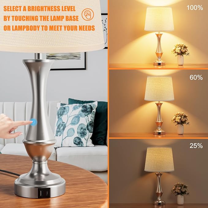Touch Lamps for Nightstand, 3 Way Dimmable Lamps for Bedroom with USB C+A | Touch Control, USB C+A Charging Ports, Table Lamps for Living Room, Night Stands, Bedside, Bedroom, Bulb Included, Silver