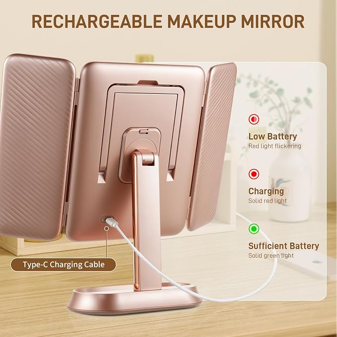 FRANO Lighted Makeup Mirror with 1X/3X/5X Magnification, Elegant Rose Gold Trifold Vanity Mirror, Smart Touch & Sensor, 3 Lighting Modes, Rechargeable Portable Mirror for Gift - Rose Gold