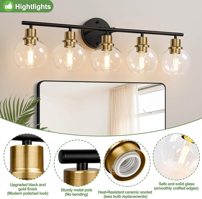 5-Light Bathroom Vanity Light, Black and Gold Bathroom Light Fixtures with Clear Glass Globe Shades, Modern Vanity Lighting Over Mirror for Bathroom, Kitchen, Living Room, Hallway, Bedroom, Porch