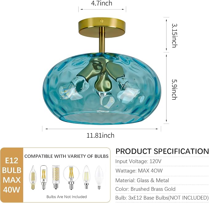 Vintage Semi Flush Mount Ceiling Light ,12″ Art Deco Blue Hammered Glass | Gold,Mid Century,Whimsical,MCM,Unique Cute Retro Light Fixtures for Girls Bedroom,Entryway Laundry Room Kitchen Closet Foyer