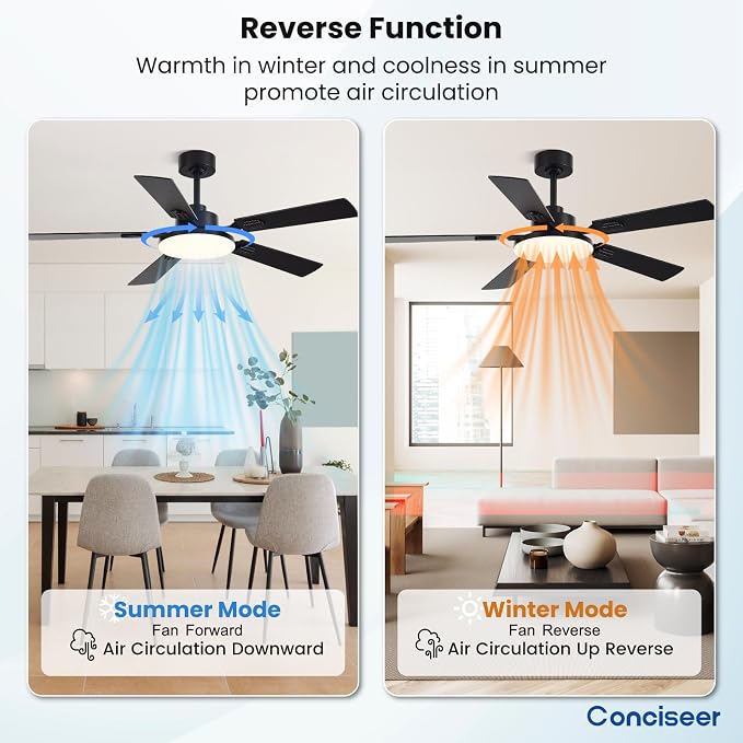 Conciseer 52 Inch Ceiling Fans with Lights and Remote for Bedroom Living Room Kitchen Office, Indoor/Outdoor Use, 6CCT Dimmable, 5 Blades, 6 Speed Reversible Quiet DC Motor, Black/Wood Grain