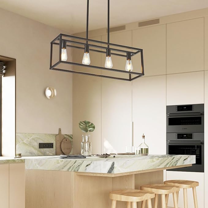 Farmhouse Rectangle Chandeliers for Dining Rooms, Modern Linear Hanging Light Fixture Matte Oil-Rubbed Bronze 4-Light Industrial Pendant Lighting for Kitchen Island
