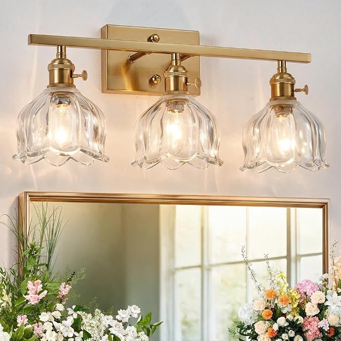 3-Light Vintage Bathroom Vanity Light, 19.4" Brass Hardwired Wall Sconce with Amber Tulip Glass Shades, Brushed Gold Vanity Light for Mirror, Restroom, Bedroom (Clear, 3-Light)