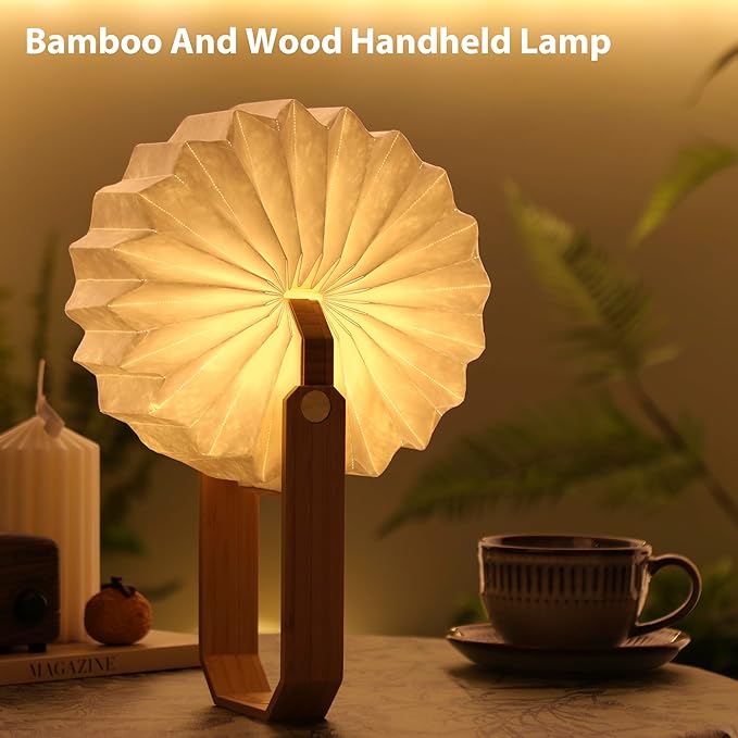 Foldable Japanese Style Lantern, 1200mAh Rechargeable, 4-6H Runtime, 2-in-1 Handheld & Table Lamp, Soft Warm Light, Outdoor Camping Travel Gear, Home Decor & Gift (Bamboo)