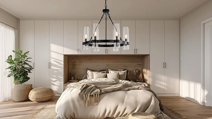 22 Inch Black Wagon Wheel Chandelier with Glass Shade, 6 Lights, Modern Farmhouse Style, Ideal for Dining Room, Kitchen, Entryways