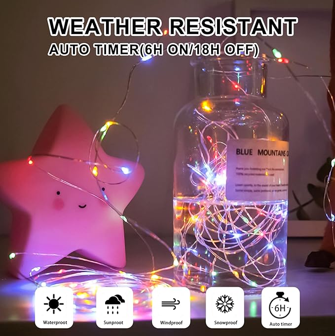 Multicolor Fairy Lights Battery Operated (Included), 8 Modes & Auto Timer, 16FT 50Led Mini Twinkle Silver Wire Firefly Starry Lights, Waterproof Battery Operated Lights for Mason Jars Wedding