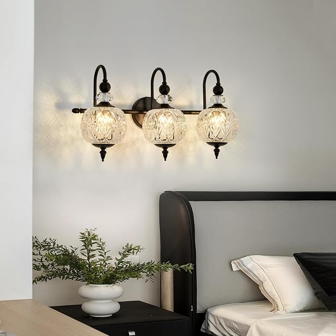 Piepooye Vintage Bathroom Light Fixtures Black Vanity Light with Glass Globe LampShade 3 Lights Mid Century G9 Bulb Wall Sconce Indoor Vanity Light Over Mirror for Kitchen Bedroom Farmhouse