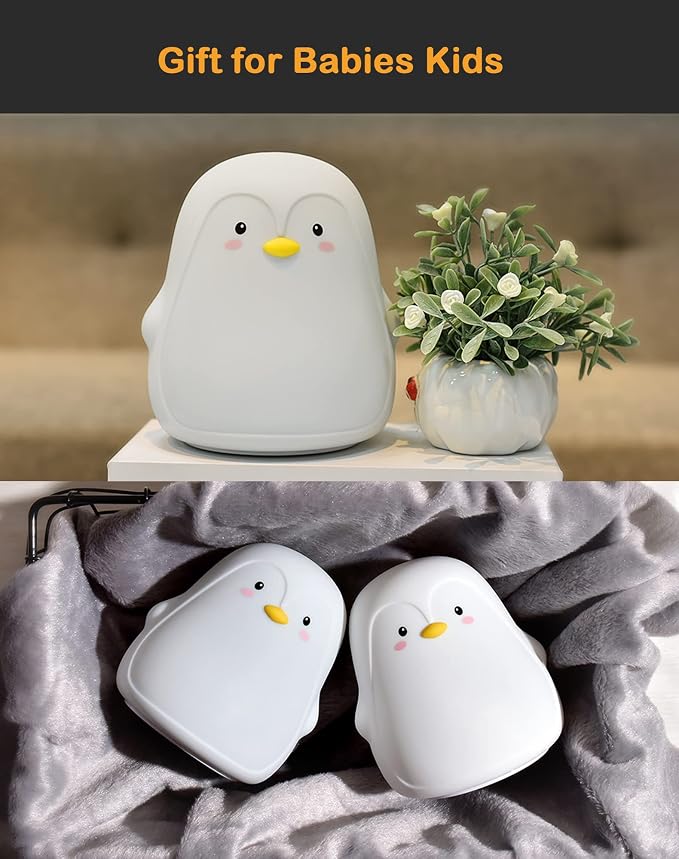 Penguin Night Light, USB Rechargeable Silicone LED Night Light for Kids , Multicolor Cute Nursery Night Lights with Warm White and 7-Color Breathing Mode,Christmas Gift for Kids Baby Children Bedrooms