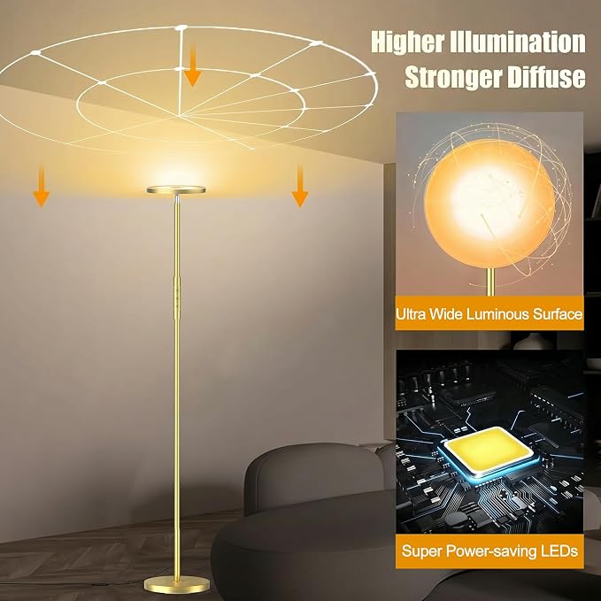 Floor Lamp, Upgraded 40W 4000LM Super Bright Torchiere LED Floor Lamps for Living Room, Stepless Dimmable Color Temperature 2700K-6500K with Remote & Touch Control, Standing Light (40W Brushed Gold)