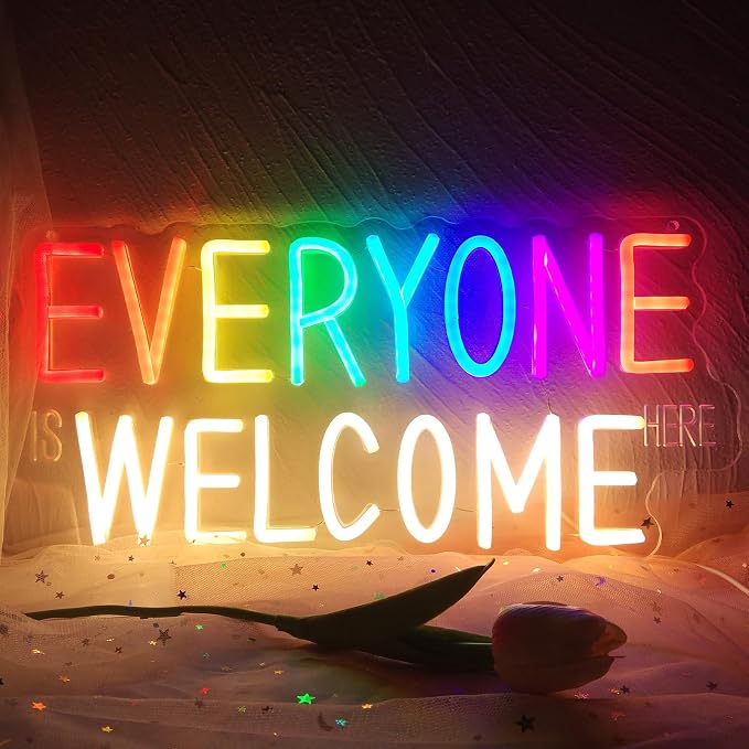 Everyone is Welcome Here Neon Sign, Dimmable Classroom Neon Sign Lights for Wall Decor, USB Positive Affirmation LED Neon Light, Welcome Signs for Classroom Teacher Gifts Rainbow Pride Diversity Decor