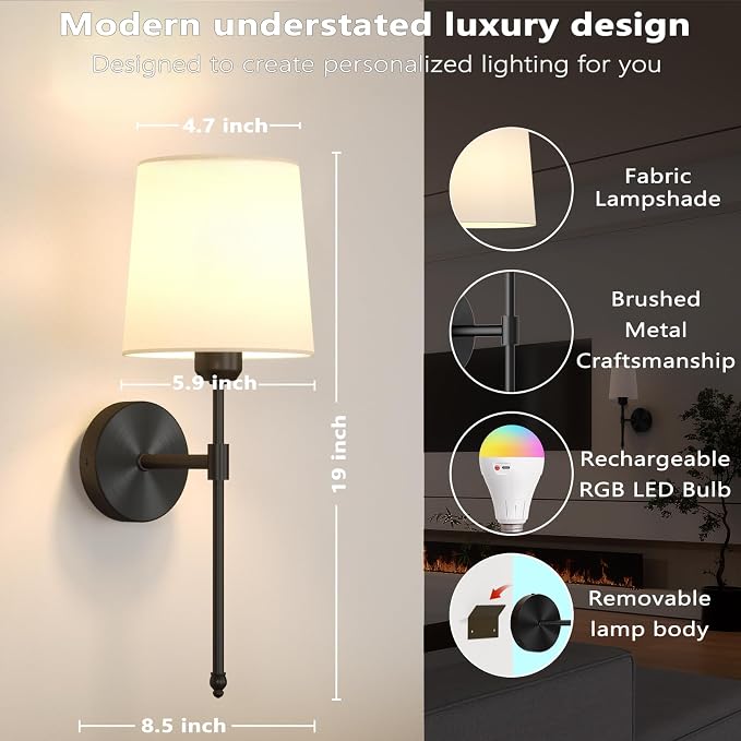 Battery Operated Wall Sconces Set of 2, Wireless Rechargeable Dimmable Wall Light with 5600mAh RGB Bulb and Remote for Bedroom, Living Room, Hallway, Black, 19in