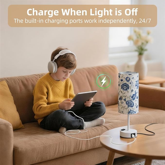 Table Lamp for Nightstand, High-Sensitivity Touch, 3-Level Dimmable Bedside Lamp with AC Outlet | USB | and USB-C, Ideal Night Stand Lamp for Bedroom (1, Printed&White)