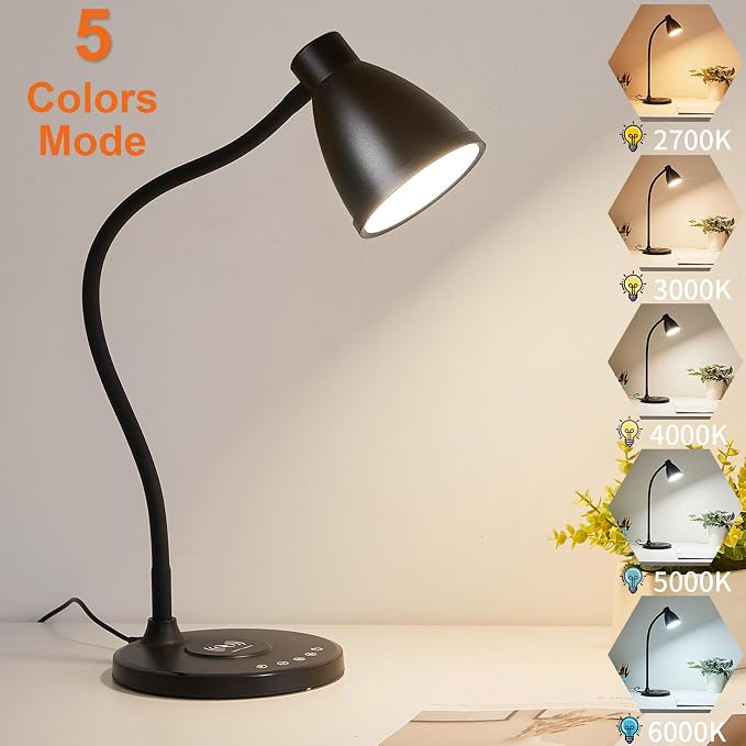 BOHON Desk Lamp for Home Office with USB C+A Charging Ports Timer Black | LED Desk Light with Wireless Charger 5 Colors Stepless Dimming Reading Light Touch Bedside Table Lamp for College Dorm Room