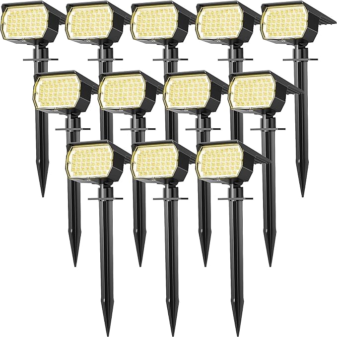 Solar Spot Lights Outdoor Waterproof IP65, 12 Pack Landscape Spotlights with 46 LEDs, 3 Modes Auto On/Off Solar Powered Flood Lights for Outside Pathway, Yard, Garden, Walkway (Warm White)