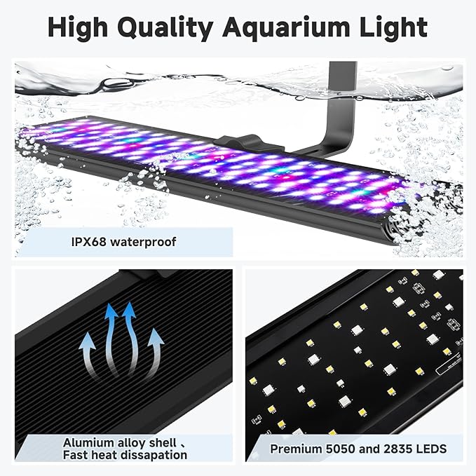 AQQA LED Aquarium Light, 24/7 Mode Clip on Fish Tank Light, DIY Mode Full Spectrum Aquarium Plant Light, Adjustable Timer/Brightness with Memory Function IP68 Waterproof (24W for 24-32 Inch Fish Tank)