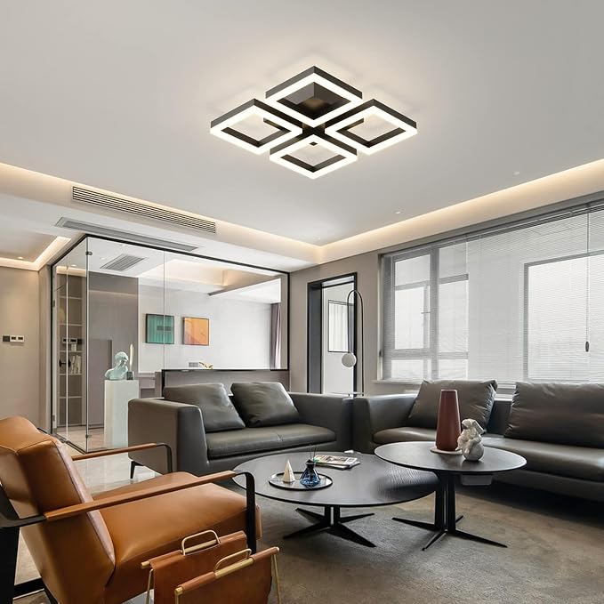 GEADI Modern Black LED Ceiling Light, 17.7" Dimmable Flush Mount Fixture | 52W 4-Square Geometric Ceiling Lamp with Remote, 3000K-6500K Dimming, Low Profile for Bedroom, Kitchen, Living Room
