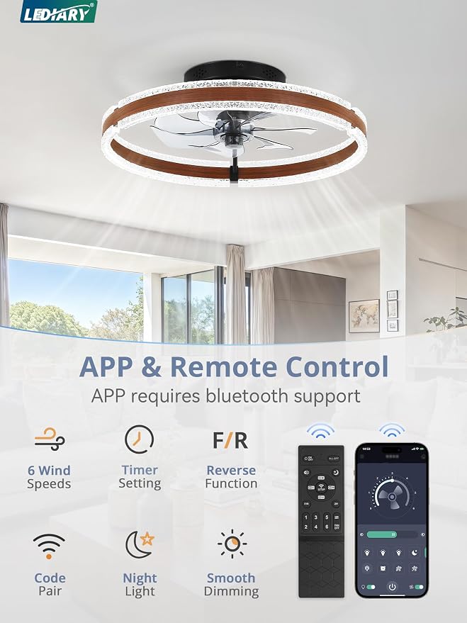 LEDIARY 20'' Modern Low Profile Ceiling Fans with Lights and Remote, Walnut | 3000-6000K Dimmable LED, 6 Wind Speeds, Quiet Reversible DC Motor, Small Flush Mount Fandelier for Bedroom, Living Room