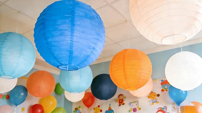 Blue & Orange Paper Lanterns Set (12 Pcs) - 6/8/10 Inch Hanging Lanterns for Cartoon Parties, Sports Events, Birthdays & Home Decor