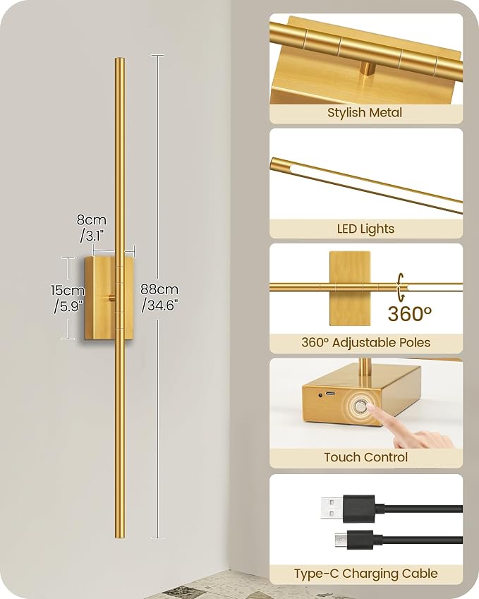 34.6" Wireless Battery Operated Wall Sconces Set of Two,Rechargeable Lamp with Remote, 360° Rotation, 10000mAh Battery, Touch Dimmable Lights for Living Room Hallway Bedroom, Gold D05YBP205