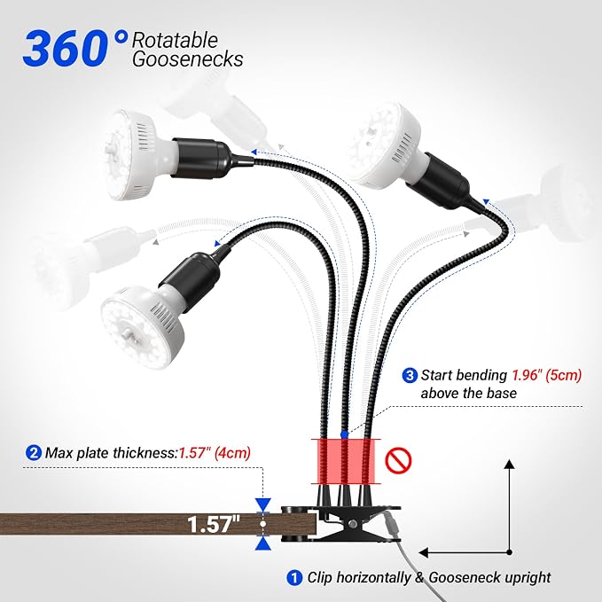 Barrina Orbgrow OG11A3 Clip On Grow Light for Indoor Plants, 5000K 33W | Integrated Stepless Dimming & Timing, Full Spectrum, High PPFD, 3 Goosenecks with E26 Plant Light Bulbs