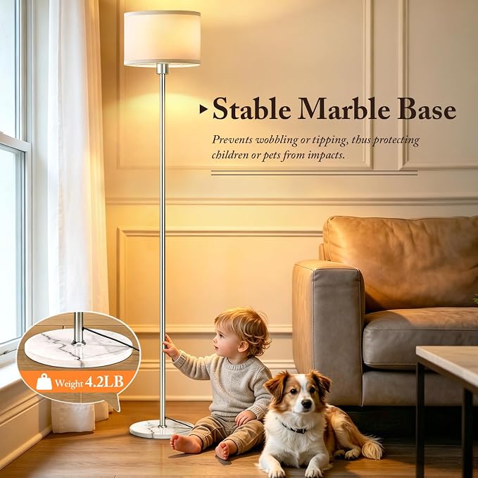 63" Silver Floor Lamps for Living Room, Standing Lamp with Marble Base | Tall Pole Light with White Linen Shade, Modern Floor Lamp for Bedroom Reading Office Corner Nursery, Bulb Included