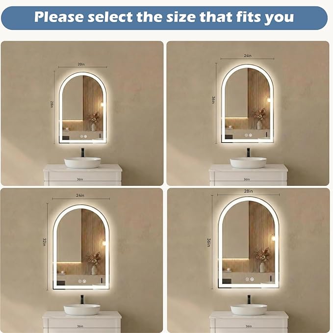 NEWBULIG 24X36 Inch Arched LED Bathroom Wall Mirror with Lights, Light up Vanity Bathroom Mirror for Over Sink, Anti-Fog and Dimmable, Front Light and Backlit, Memory Function, Shatter-Proof, White