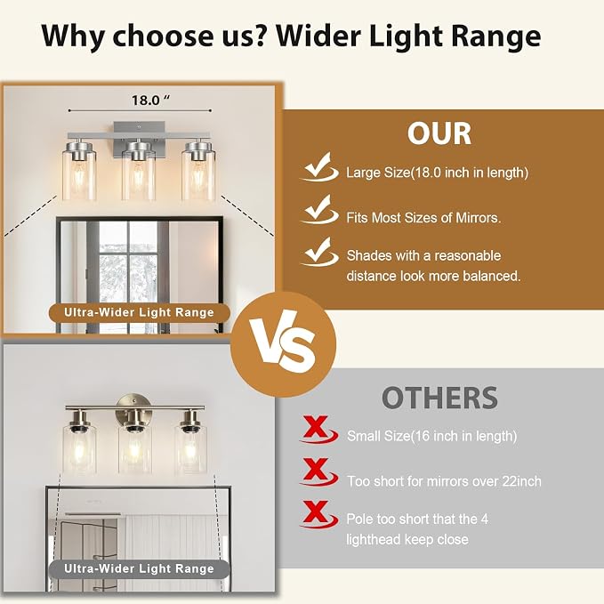 IZORRO Modern Bathroom Light Fixtures, 3 Light Brushed Nickel Vanity Lights, Bathroom Lighting Fixtures Over Mirror with Clear Glass for Living Room Cabinet Bedroom