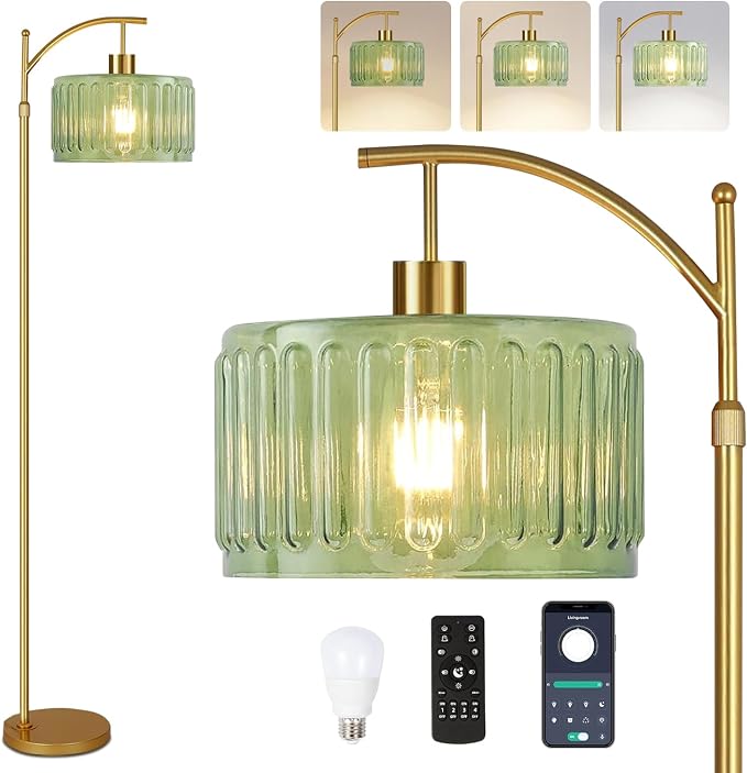 ILLMTW Glass Floor Lamp for Living Room,Bedroom,Gold Mid Century Modern Standing Lamp with Remote,Dimmable Brass Tall Lamp Vintage Retro Green Arc Flower Floor Light Boho Bohemian