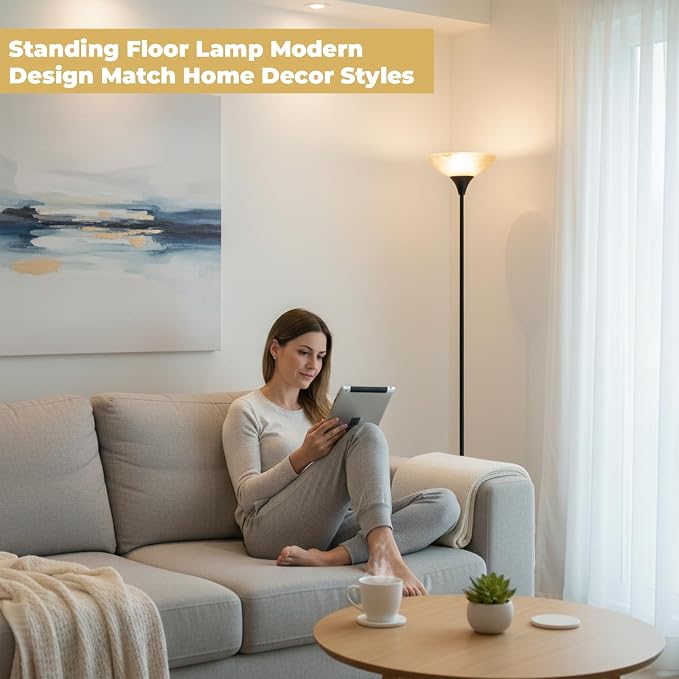 LALISU Floor Lamp, Standing Lamps with Glass Shade, Led Floor Lamp Remote Floor Lamps Modern Industrial Lamp, Tall Lamps for Living Room Bedroom Office Dining Room (Black and Glass)