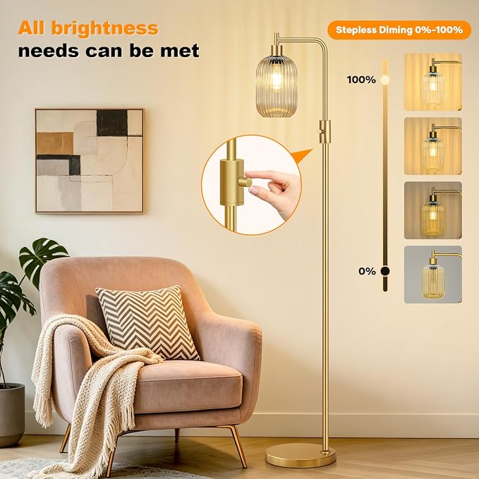【Upgraded】 Dimmable Floor Lamp for Living Room with Amber Ribbed Glass Lampshade, Gold Modern Floor Lamp with 900LM LED Bulb Included, Arc Standing Tall Lamp for Bedroom, Office, Reading Room, Corner