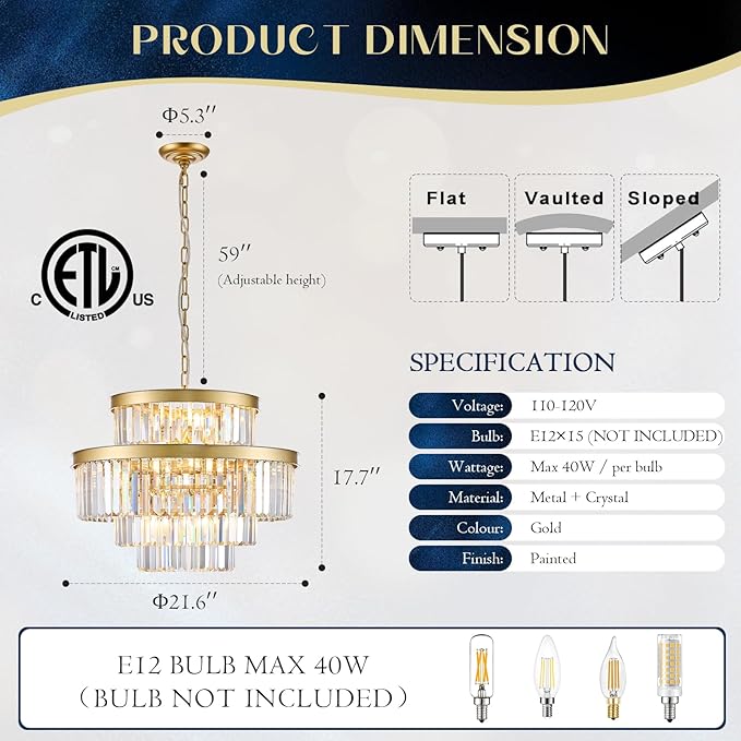 Modern Gold Crystal Chandeliers 15 Lights 4-Tier Luxury K9 Crystal Lighting 22" Round Ceiling Pendant Light Fixture for Living Room Dining Room Bedroom Kitchen Foyer