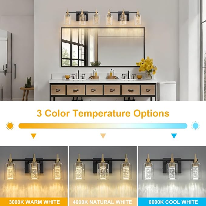 Vanity Light with 3 Color Modes (3000K/4000K/6000K), Eye Protection LED Bathroom Light Fixture, Dimmable Modern Wall Light Over Mirror with Clear Glass Shade (Black and Gold, 3-Light)