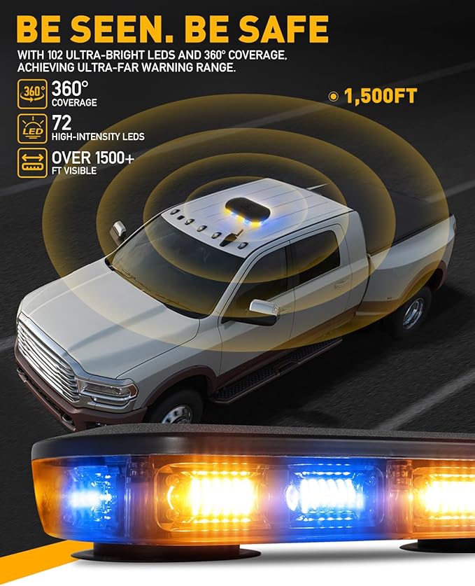HLauto 700A Rooftop Emergency Strobe Lights Bar, 72 LED Amber Blue Mini Beacon Safety Flashing Warning Traffic Lights Bar w/Magnetic Base for 12-24V Trucks, Construction Vehicles, Snowplow, Cars