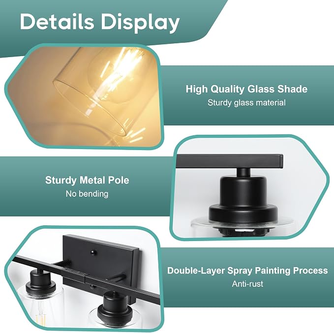 Ascher Bathroom Light Fixtures, 4-Light Vanity Light Over Mirror, Matte Black Wall Sconces with Clear Glass Shades, Wall Lamp for Living Room Bedroom, E26 Base(Bulbs Not Included)