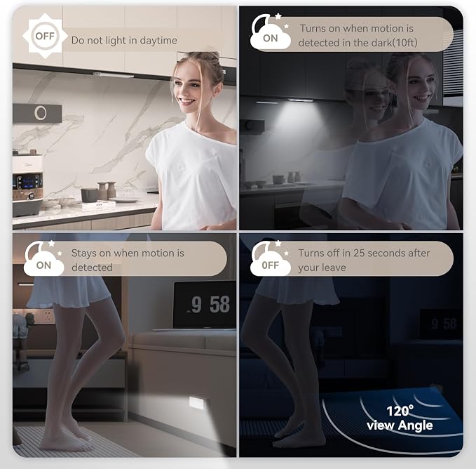 12 inch Under Cabinet Lighting 2500 mAh Closet Lights 3 Color Temps | Magnetic Motion Activated, Rechargeable Closet Lights Battery Operated Wireless Dimmable Under Counter Lights, 2 Pack