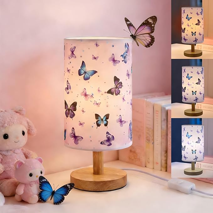 Butterfly Lamp,LED Kids Table Lamp for Bedroom Decor Girls Bedside Lamps | 3 Colors Nightstand Night Light with Cartoon Lampshade Desk Lamp for Boys Girls Room Nursery Decor,Butterfly Gifts for Girls