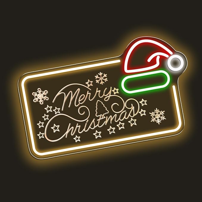 16.5 x 10’’ Mirror Merry Christmas Neon Sign, Carving LED Sign with Santa Hat, USB Powered Dimmable Switch for Xmas Party Kids Bedroom Bar Pub Club-Christmas Gift Decorations