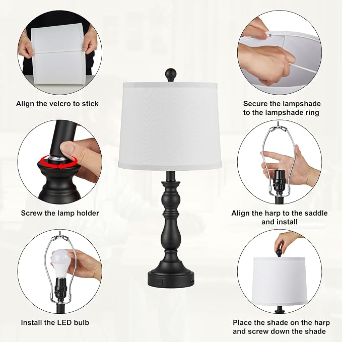 Farmhouse Side Table Lamps for Living Room Set of 2 with USB C+A Ports, Bedside Lamp for Bedroom, Dining Room Decor, Office, End Table, Knob Switch, 3 Color Temperatures, Bulb Included, Black