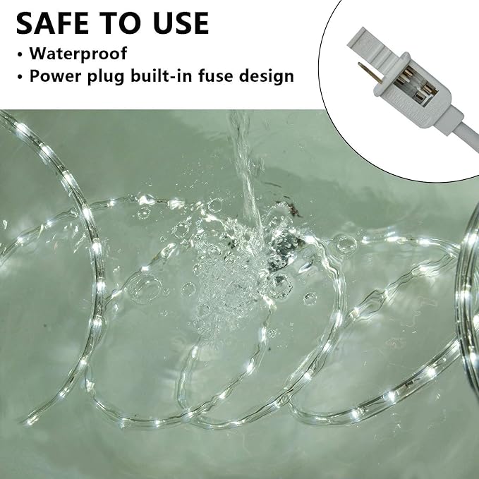Rope Lights Outdoor Waterproof Daylight White: LED 50FT Cuttable Outside Bright 110V Lighting Connectable Flexible Plug Cool Clear Tube, Indoor Deck Patio Xmas Camping Decor, Not Flat Strip