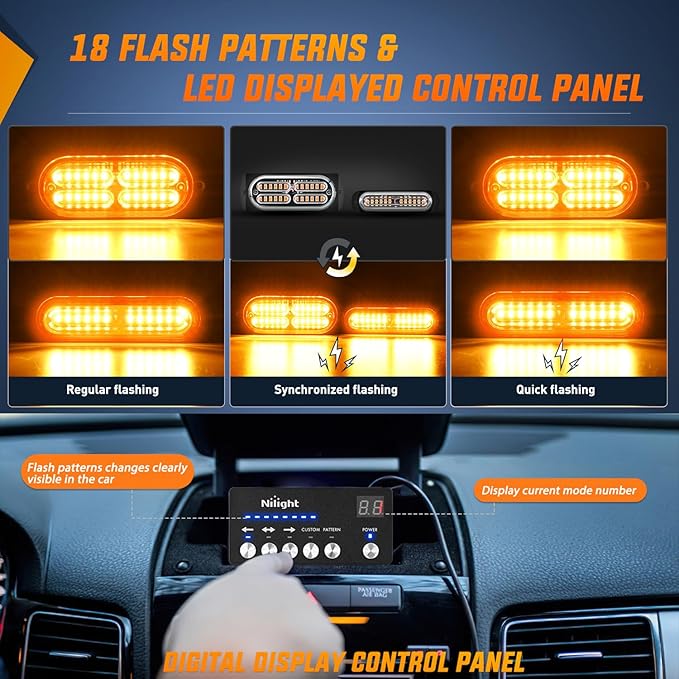 Nilight 8PCS Led Strobe Lights with Controller 12V 24V Sync Feature Amber Light 12 24 LED Surface Mount Emergency Hazard Warning for Vehicle Car Truck RV ATV